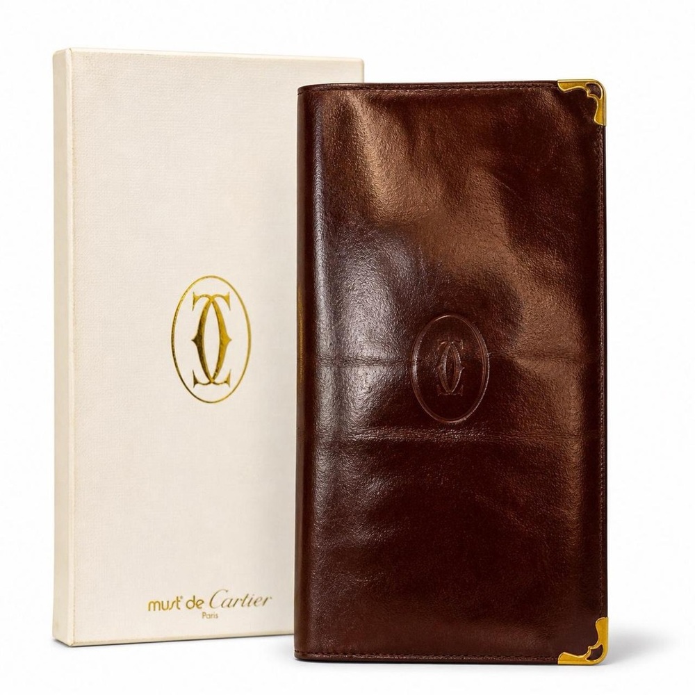 Cartier Vintage Must de Cartier Bordeaux Leather Long Wallet w/ Box Gold Corners